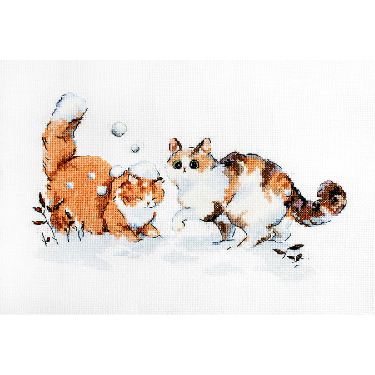 Cross stitch image of two cats playing in the snow,...