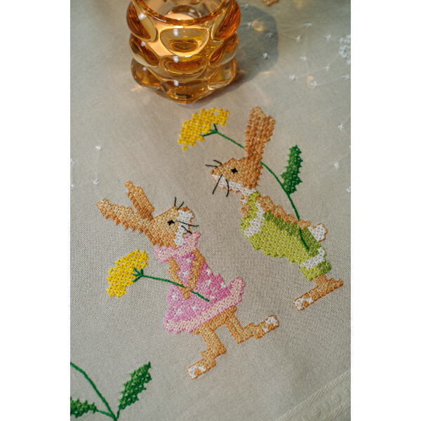 Vervaco stamped cross stitch kit tablechloth "Eastern rabbits", 80x80cm, DIY