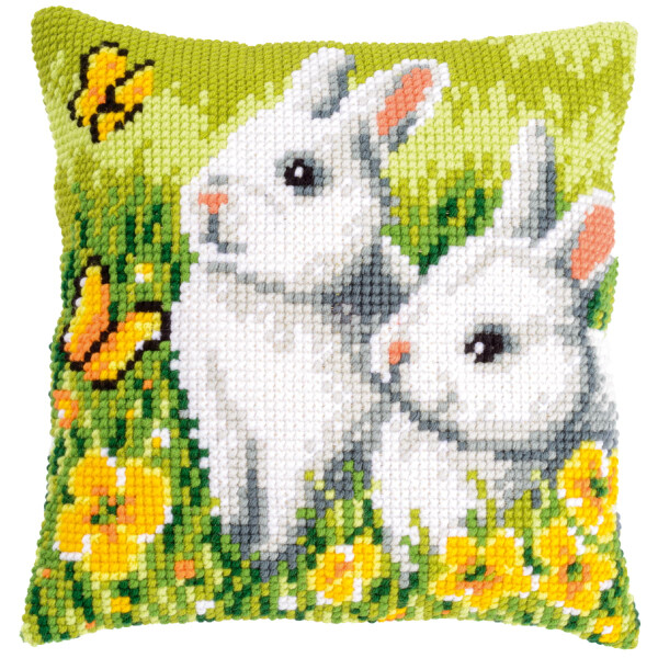 Vervaco stamped cross stitch kit cushion "Rabbits and butterflies", 40x40cm, DIY