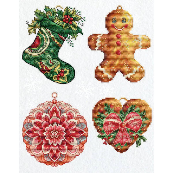 In dieser entzückenden Stickpackung von Luca-S sind vier weihnachtliche Kreuzstichdesigns abgebildet. Dazu gehören ein grüner Strumpf mit roten Beeren und Stechpalmen, ein lächelnder Lebkuchenmann, ein detailreiches rot-weißes Mandala und ein rotes Herz mit Stechpalmen und einer Schleife. Jedes Design zeichnet sich durch komplizierte Muster und festliche Feiertagsfarben aus.