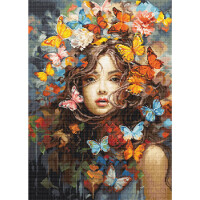 A stylized painting shows a woman with flowing brown hair adorned with colourful butterflies and flowers. The butterflies in the colors yellow, blue, orange and red surround her and create an ethereal aura. Her serene expression and soft lighting enhance the dreamy atmosphere, reminiscent of a vibrant pattern from Lucas embroidery pack.