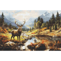 A stately stag stands next to a calm, reflective stream in a lush valley, surrounded by colorful autumn leaves. Evergreen trees line the stream and majestic, snow-capped mountains rise in the background under a partly cloudy sky. This picturesque scene is perfect for a Luca-s embroidery pack.