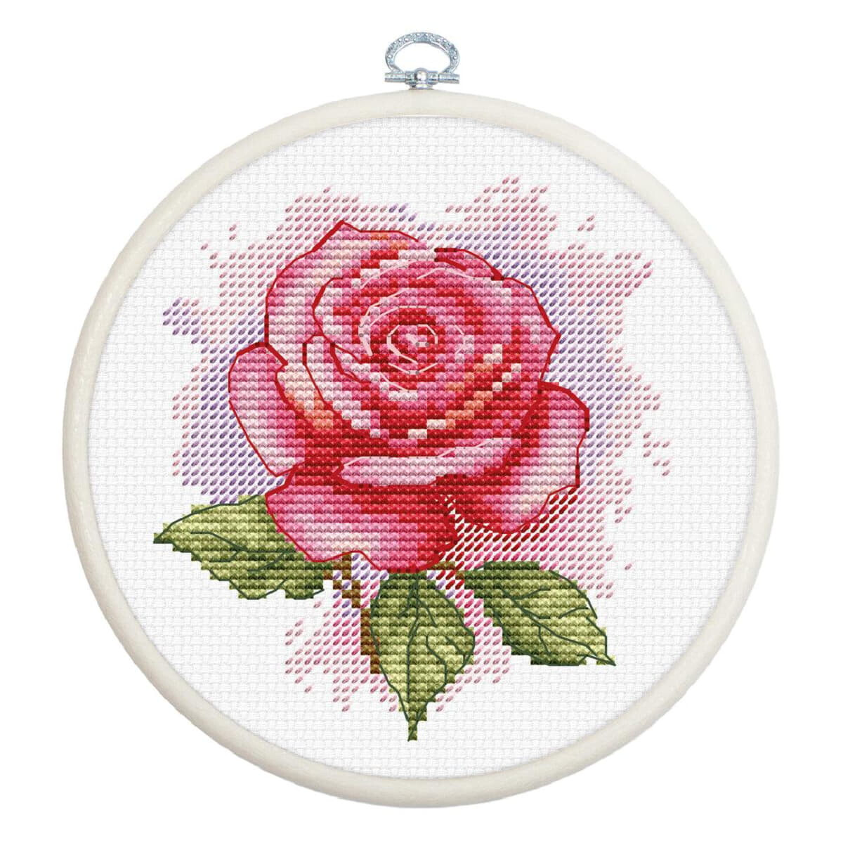 A finished cross-stitch embroidery of a pink rose with...
