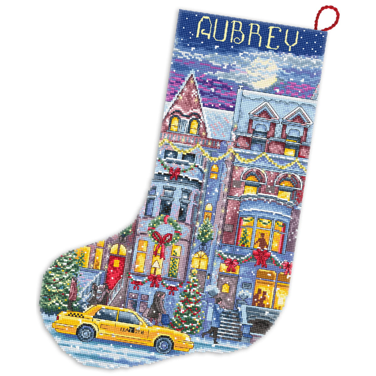 A Christmas stocking with a detailed scene of a snowy...
