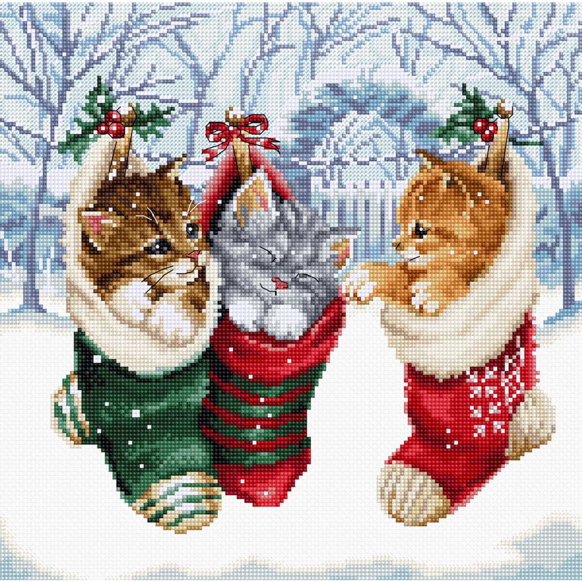 Three kittens cuddle in Christmas stockings in a snowy...