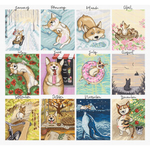 A grid of 12 squares, each representing a month from January to December. Each square shows a corgi in different seasonal and festive situations, such as sledging in January, surrounded by flowers in May, wearing a witchs hat in October and playing with ornaments in December - a perfect Letistitch embroidery pack for your next creative project.