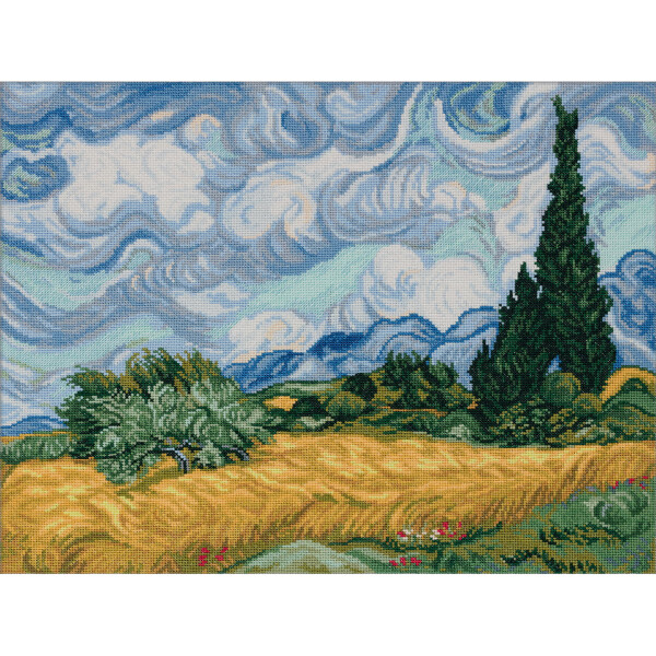 Panna kit de punto de cruz contado "Serie Dorada. Campo de trigo con capresas, Vincent Van Gogh", 38x30cm