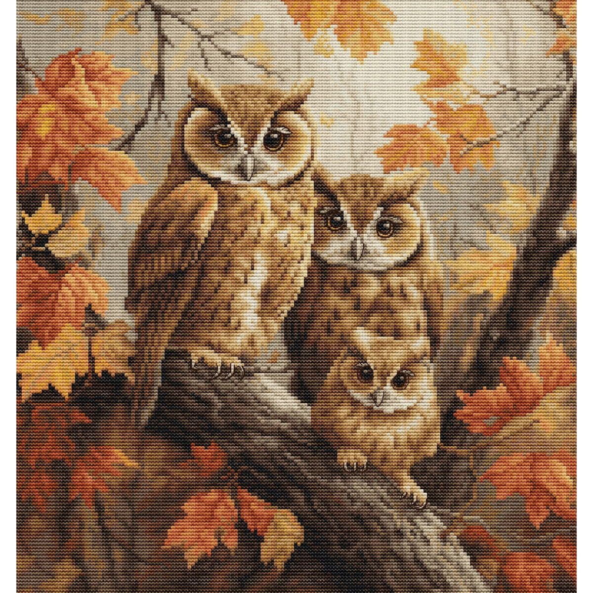 A detailed painting shows three owls sitting close...