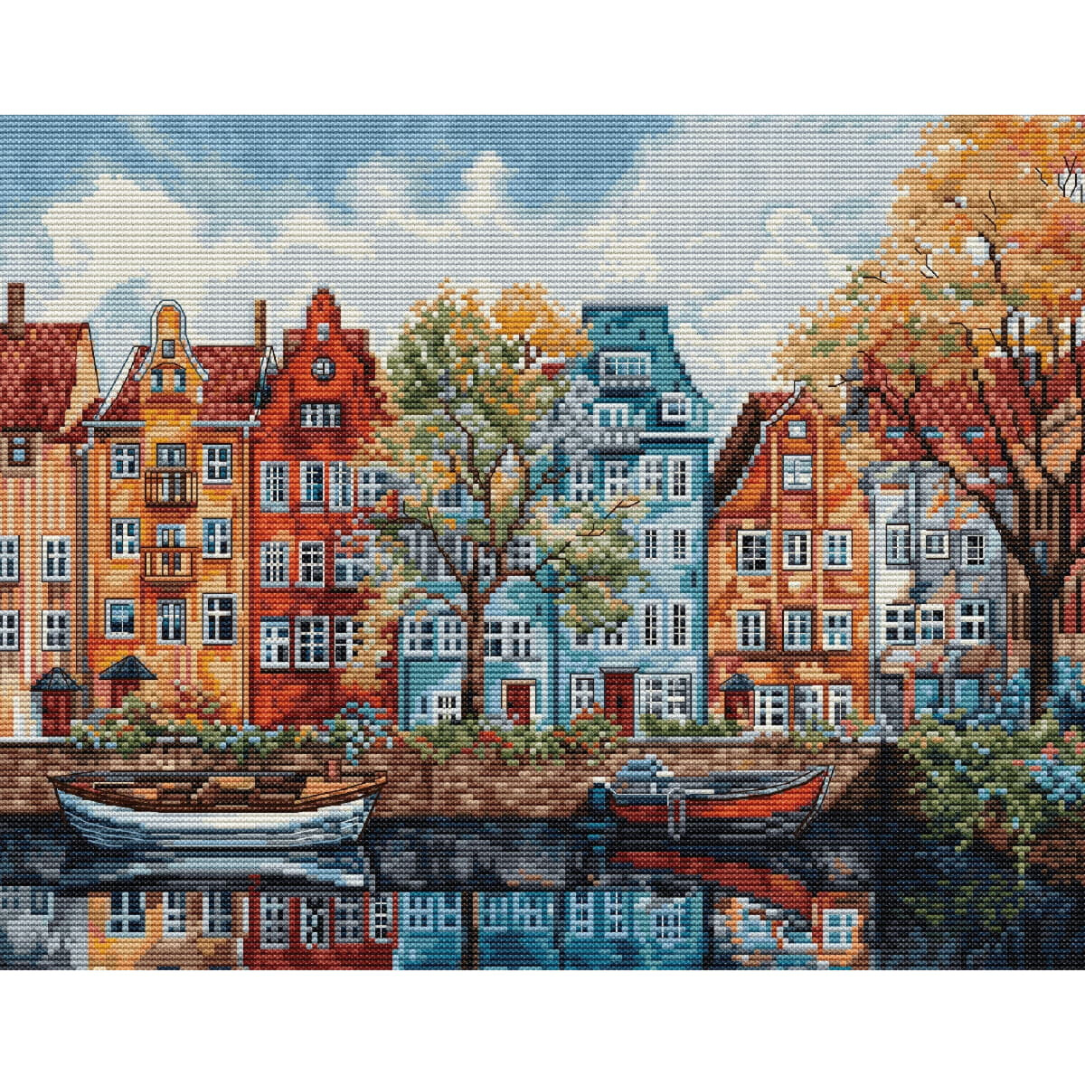 Un dipinto vivace di un canale, fiancheggiato da edifici...