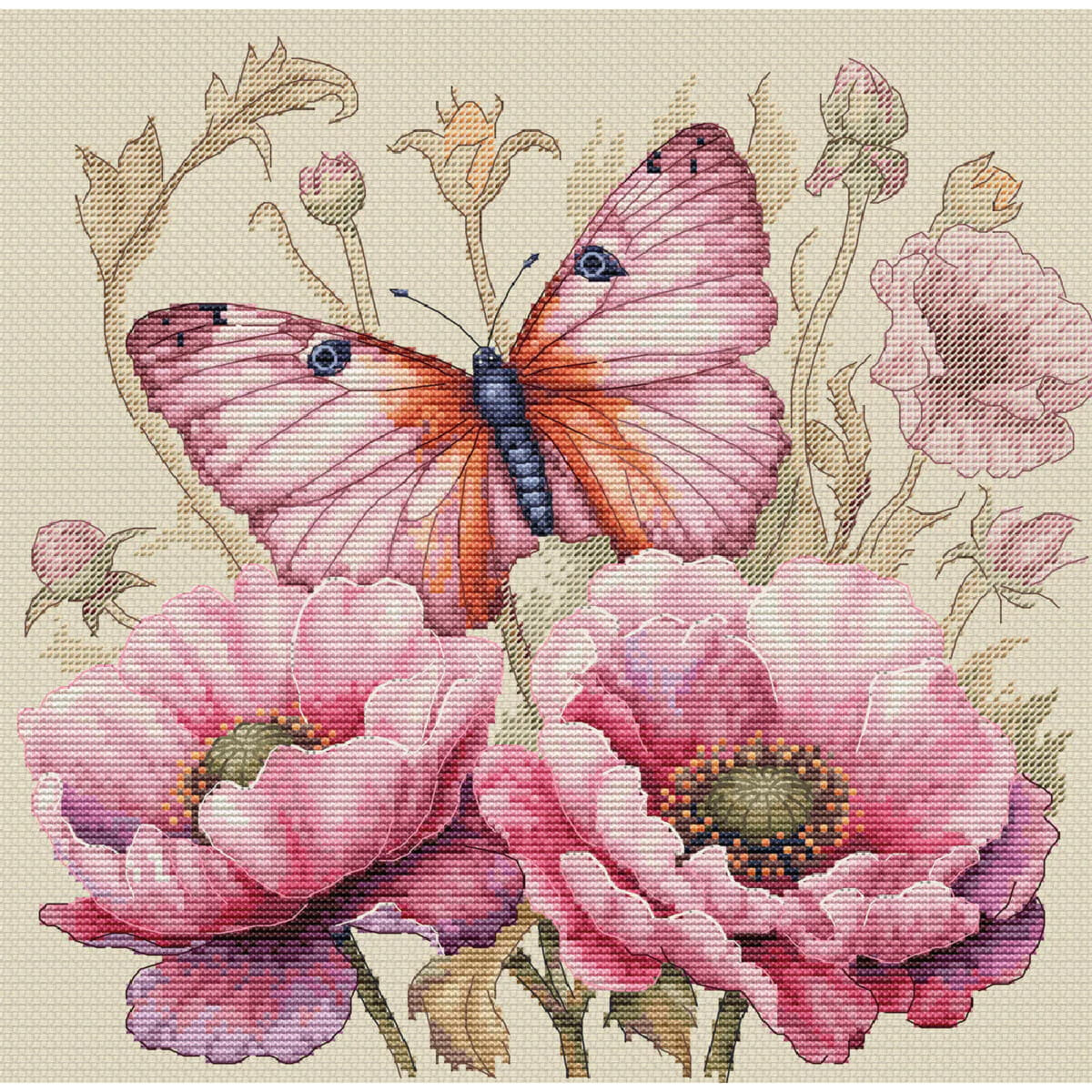 A detailed cross-stitch embroidery of a pink butterfly...