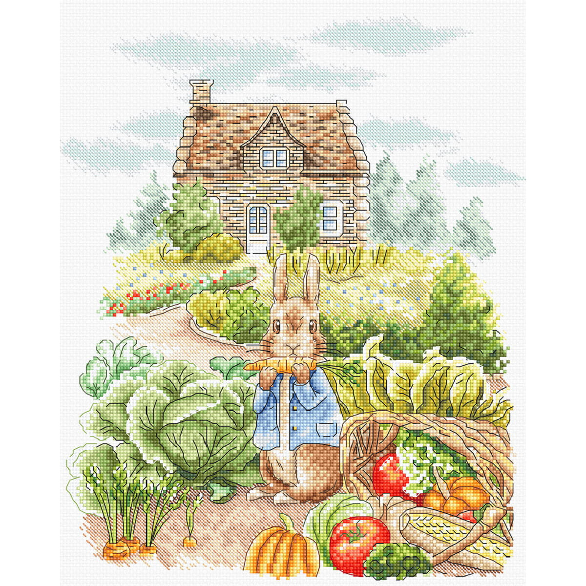 Иллюстрация кролика в синей куртке, который ест морковку...