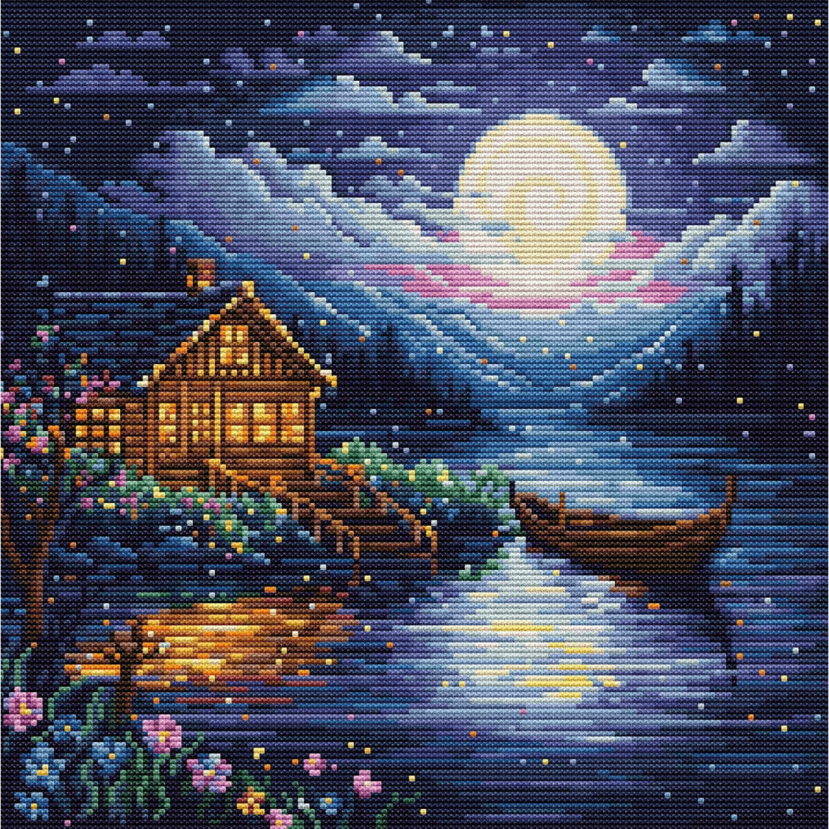 A tranquil night scene with a wooden hut next to a calm...