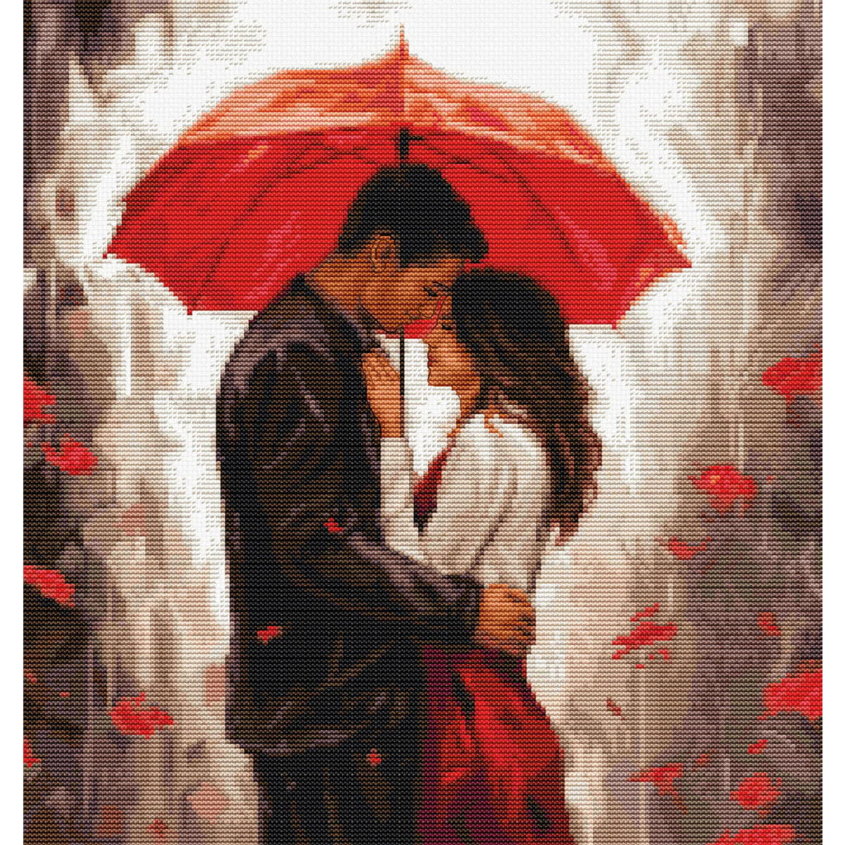 A painted depiction of a couple standing close together...