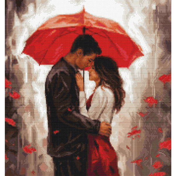 Raffigurazione dipinta di una coppia in piedi, stretta in un romantico abbraccio sotto un ombrello rosso. Luomo, che indossa abiti scuri, e la donna, che indossa un top bianco e una gonna rossa, sono circondati da petali rossi che cadono delicatamente intorno a loro. Uno sfondo ricamato da Luca-s esalta ulteriormente la loro intimità.