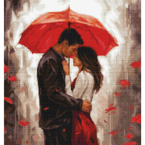 Eine gemalte Darstellung eines Paares, das in romantischer Umarmung eng beieinander unter einem roten Regenschirm steht. Der Mann, der dunkle Kleidung trägt, und die Frau, die ein weißes Oberteil und einen roten Rock trägt, sind von roten Blütenblättern umgeben, die sanft um sie herum fallen. Ein Stickpackung-Hintergrund von Luca-s verstärkt ihre Intimität noch weiter.