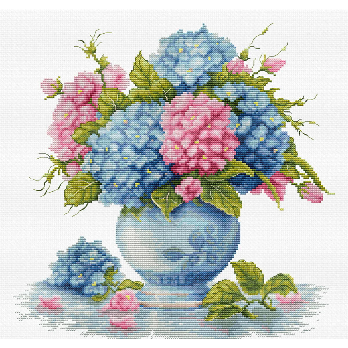A cross stitch design showing a bouquet of blue and pink...