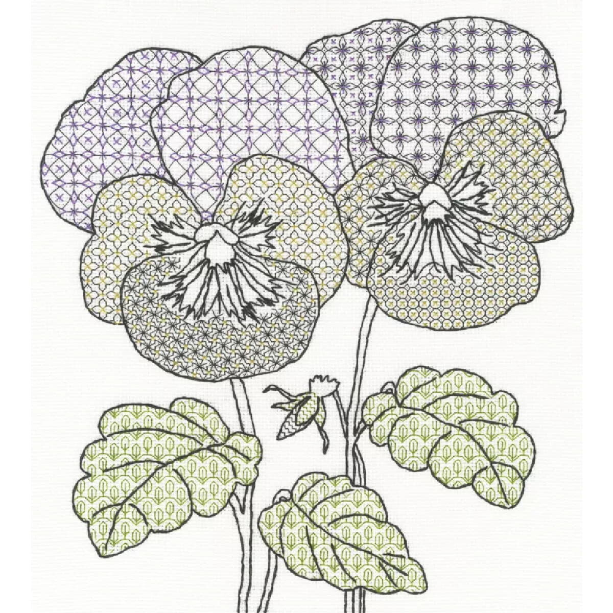 A detailed line drawing of pansies, with each petal...