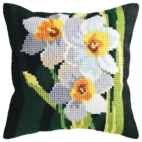 CDA stamped cross stitch kit cushion "Lines of Daffodils", 40x40cm, DIY