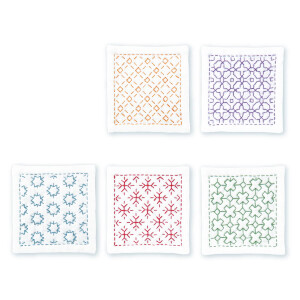 Olympus stamped Hitomezashi Sashiko stitch kit "Coasters white 5pcs with thin sashiko tread", 10x10cm, Original from Japan