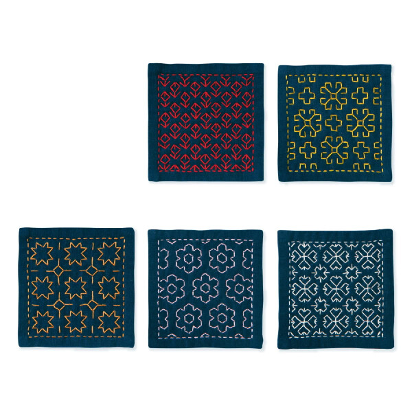 Olympus stamped Hitomezashi Sashiko stitch kit "Coasters I navy 5pcs with thin sashiko tread", 10x10cm, Original from Japan