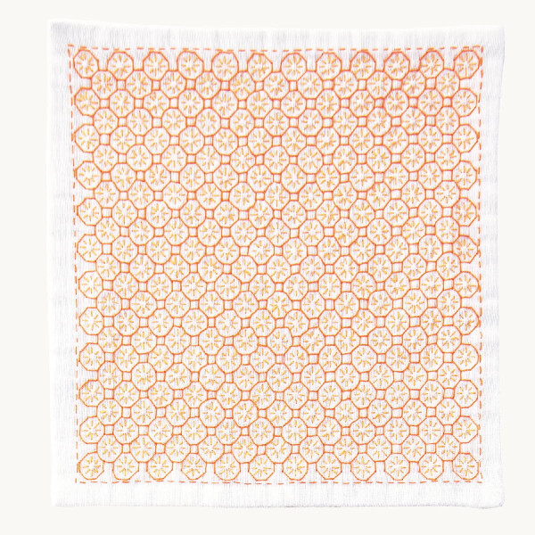 Olympus gestempeld Hitomezashi Sashiko borduurpakket "Zakdoek iine Oranje", 20x20cm, Origineel uit Japan