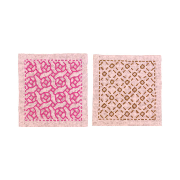 Olympus stamped Hitomezashi Sashiko stitch kit "Coasters pale pink 2pcs", 10x10cm, Original from Japan