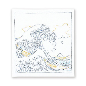 Olympus stamped Sashiko stitch kit "Hana Fukin Hokusai Katsushika series The Great Wave of Kanagawa", 34x34cm, Original from Japan