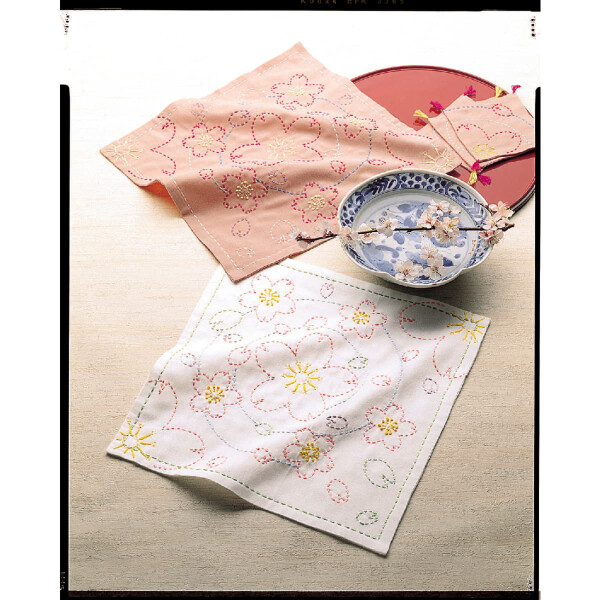 Olympus stamped Sashiko stitch kit "Hana Fukin Cherry Blossom and Riverside, Set of 2", 31x31cm, Original from Japan