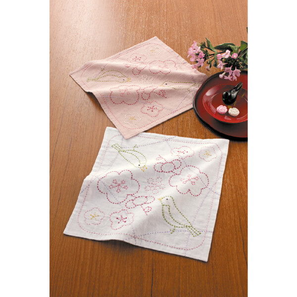Набор для вышивания сашико с печатью Olympus "Hana Fukin Слива и нигингале, комплект из 2 штук", 31x31 см, Оригинал из Японии
