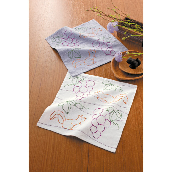 Набор для вышивания сашико с печатью Olympus "Виноград и белка Hana Fukin, комплект из 2 штук", 31x31 см, оригинал из Японии