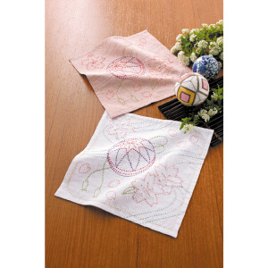 Olympus stamped Sashiko stitch kit "Hana Fukin Cherry Blossom and Temari, Set of 2", 31x31cm, Original from Japan