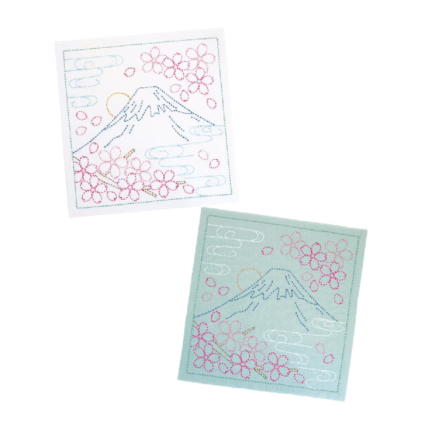 Olympus gestempeld Sashiko borduurpakket "Hana Fukin Mt. Fuji en Kersenbloesem, Set van 2", 33x33cm, Origineel uit Japan