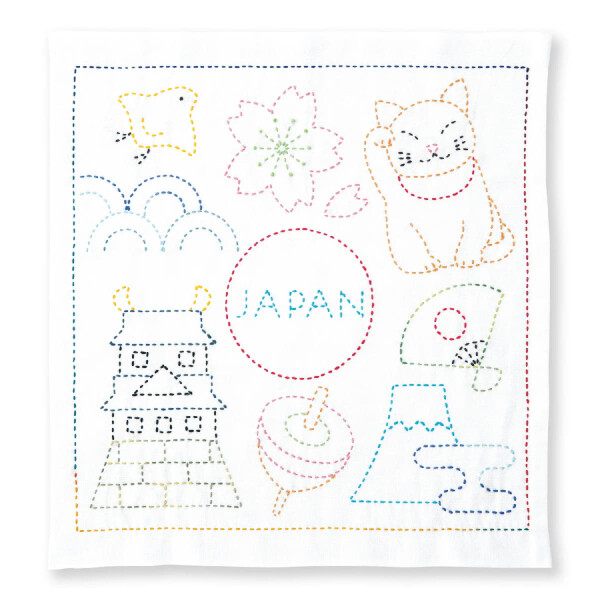 Olympus stamped Sashiko stitch kit "Hana Fukin World Walker series Japan", 34x34cm, Original from Japan