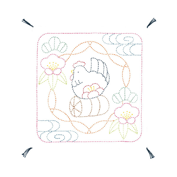Olympus stamped Sashiko stitch kit "Hana Fukin Bird, Plums, Bamboo, Pines", 34x34cm, Original from Japan