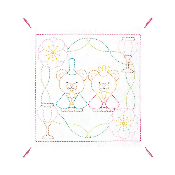 Olympus stamped Sashiko stitch kit "Hana Fukin Bears Hinamatsuri", 34x34cm, Original from Japan