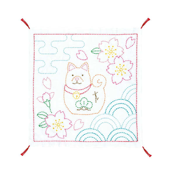 Kit de punto sashiko estampado Olympus "Hana Fukin Dog and Cherry Blossom", 34x34cm, Original de Japón
