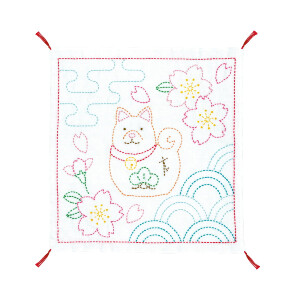 Olympus stamped Sashiko stitch kit "Hana Fukin Dog and Cherry Blossom", 34x34cm, Original from Japan
