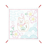Kit de point Sashiko estampillé Olympus "Hana Fukin Dog and Cherry Blossom", 34x34cm, Original du Japon