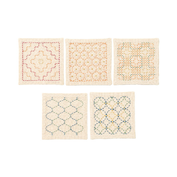 Olympus stamped Sashiko stitch kit "Coaster set of 5", 10x10cm, Original from Japan