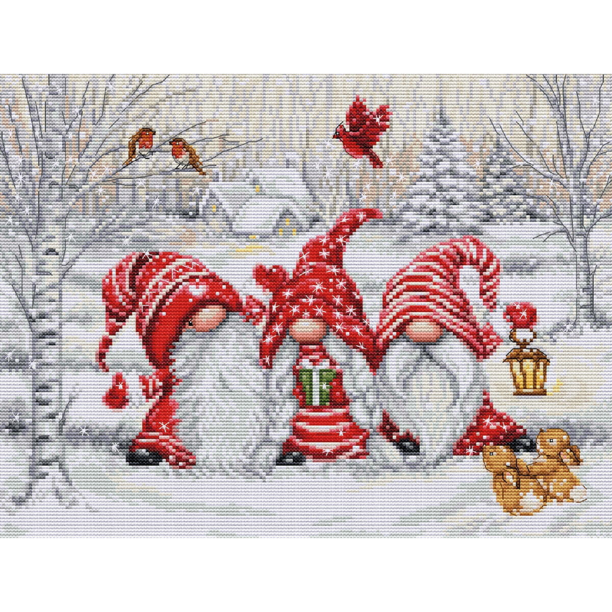 Three dwarves in red and white winter clothing stand in a...