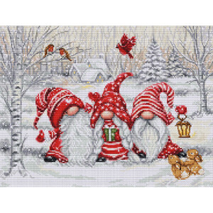 Three dwarves in red and white winter clothing stand in a snowy forest. Two are holding candy canes, while the middle one is holding a present. In the background you can see snow-covered trees, a distant house, birds and golden lanterns with flickering candlelight - a perfect scene for your Luca-s embroidery pack.