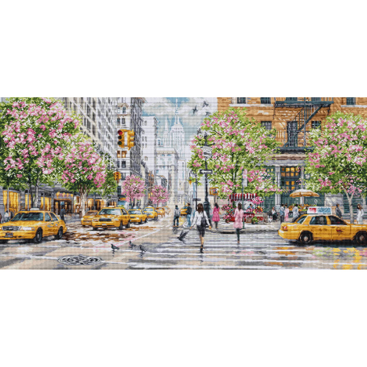 Painting of a busy city street with yellow cabs and...