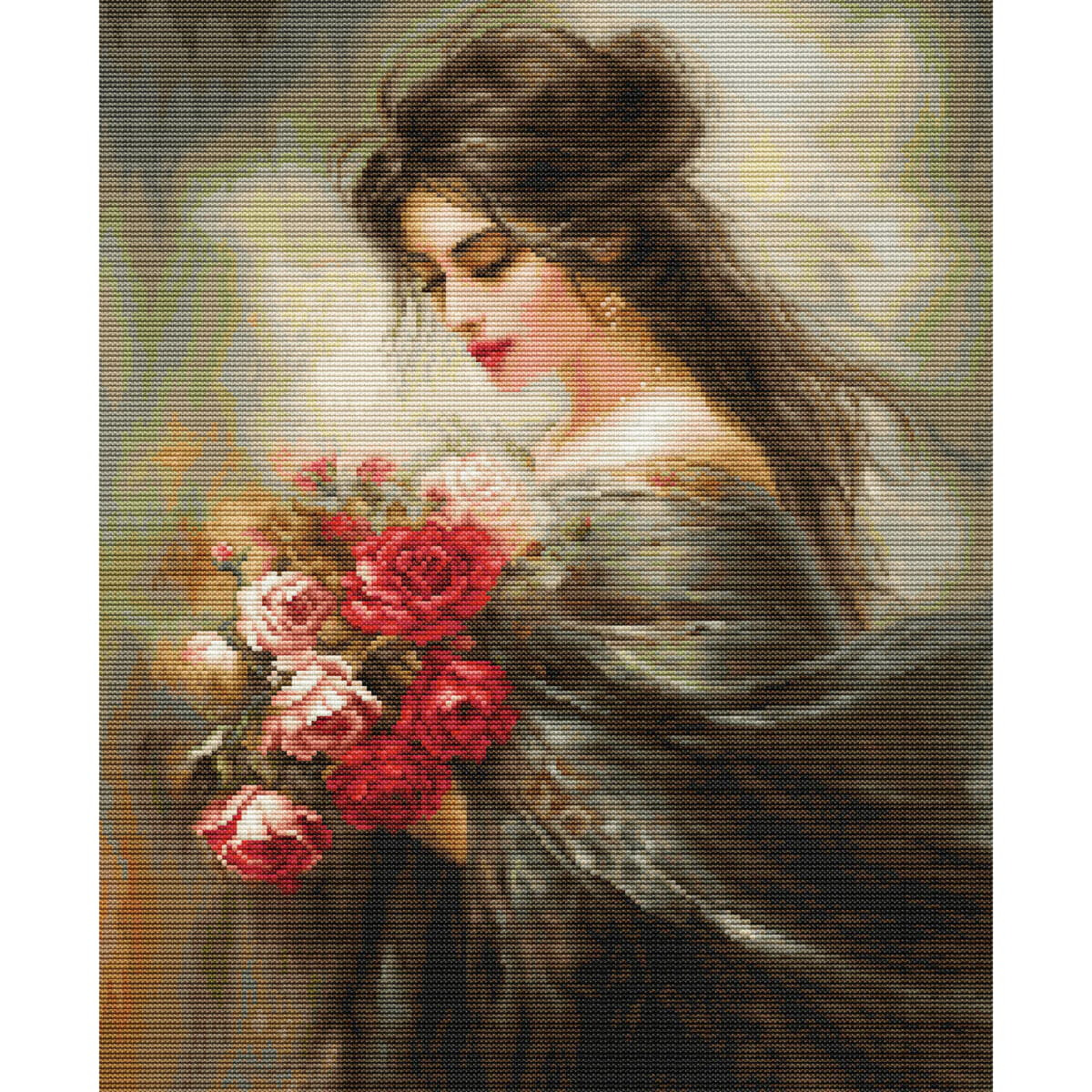 Ein Gemälde einer Frau mit langem, dunklem Haar,...