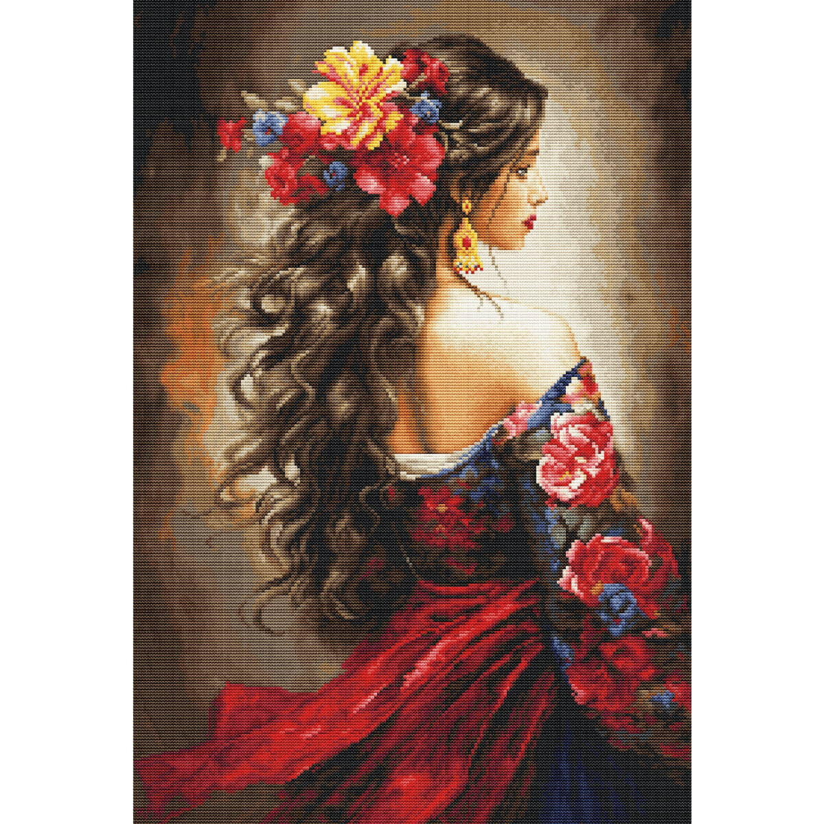 A painting of a woman with long, wavy hair adorned with...