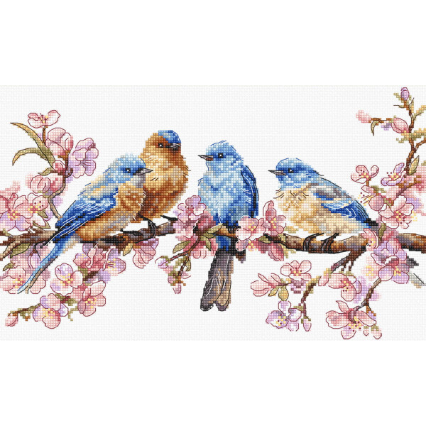 Eine Letistitch-Stickpackung mit vier farbenfrohen Vögeln, die auf blühenden Kirschblütenzweigen sitzen. Die Vögel zeigen leuchtend blaue und orangefarbene Federn und die Kirschblüten haben zarte Rosa- und Weißtöne, die dieser Kreuzstichkomposition eine weiche und elegante Note verleihen.