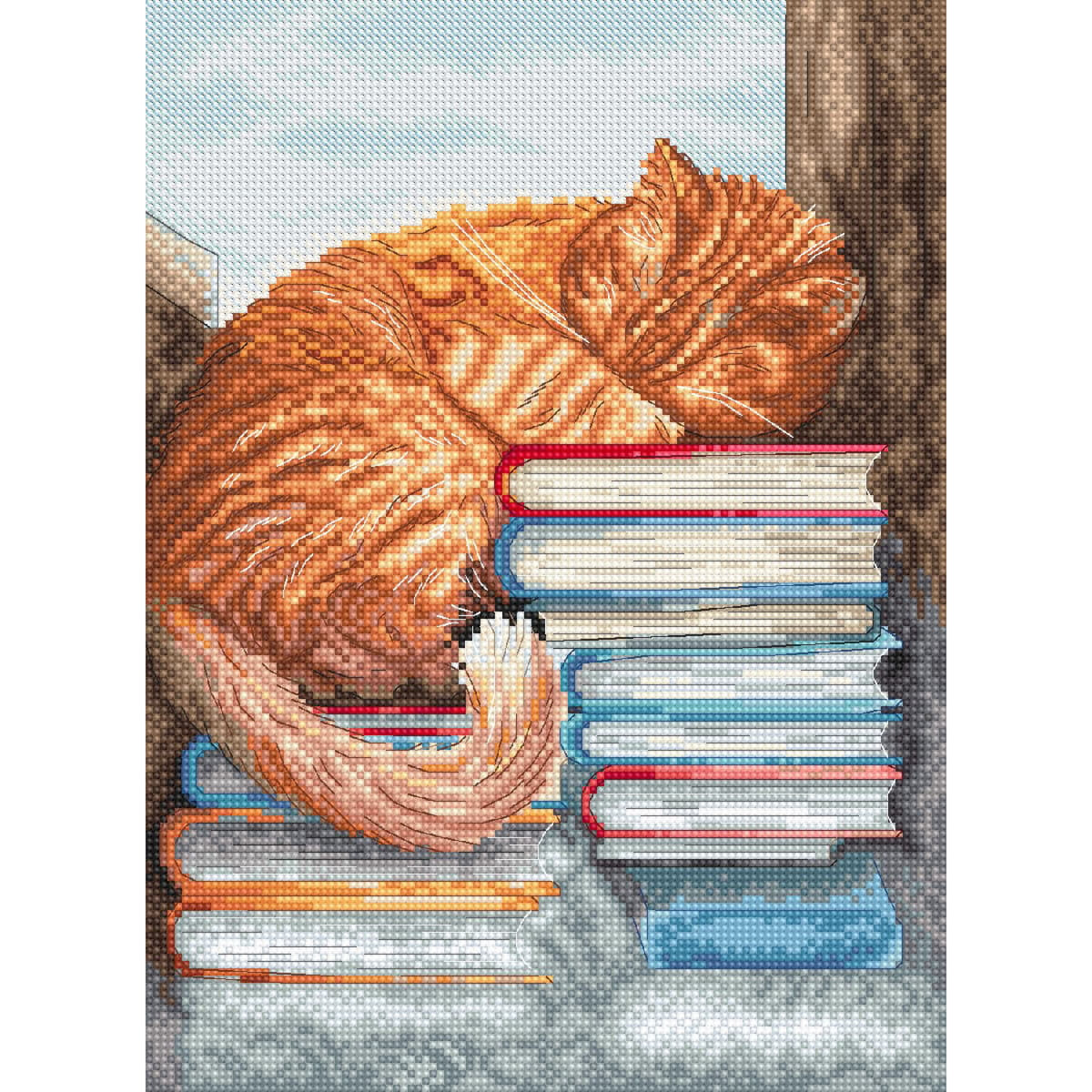 An embroidery kit from Letistitch showing an orange tabby...