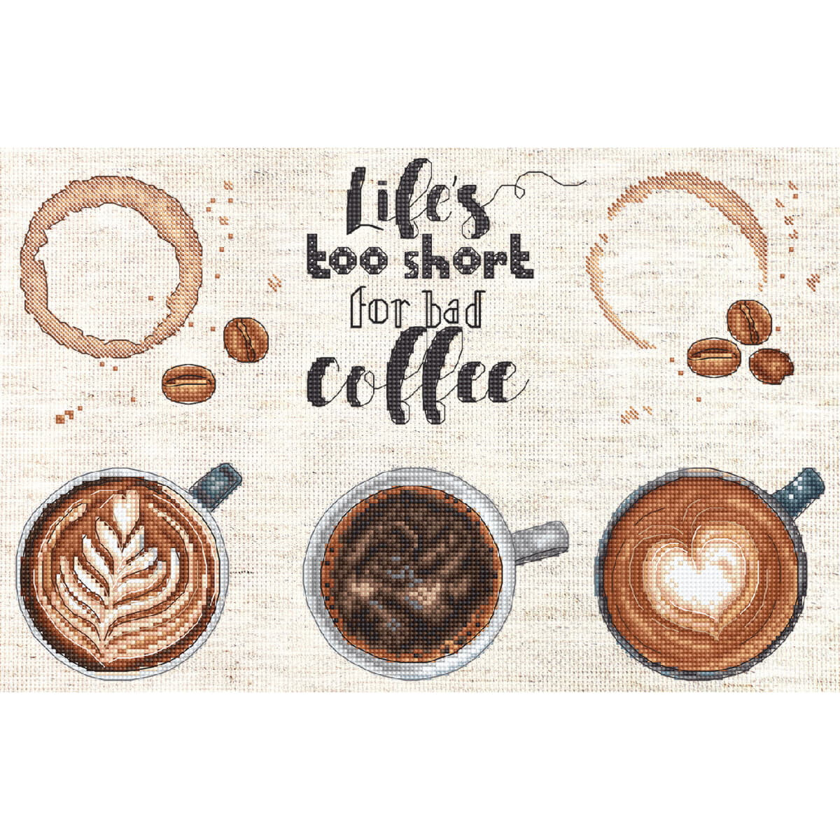 Ein Bild mit drei Kaffeetassen mit Latte Art auf einem...