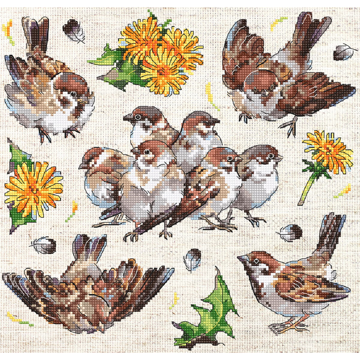 A cross stitch illustration features nine brown sparrows...