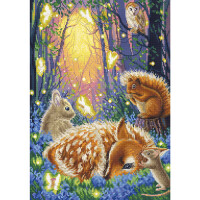 In a mystical forest scene, a fawn sleeps surrounded by blue flowers. A curious rabbit, a squirrel and a mouse watch over it. Bright fireflies illuminate the surroundings and lead to a glowing passageway through evergreen trees. An owl perches above and watches the scene intently - a perfect inspiration for Letistitch embroidery packaging.