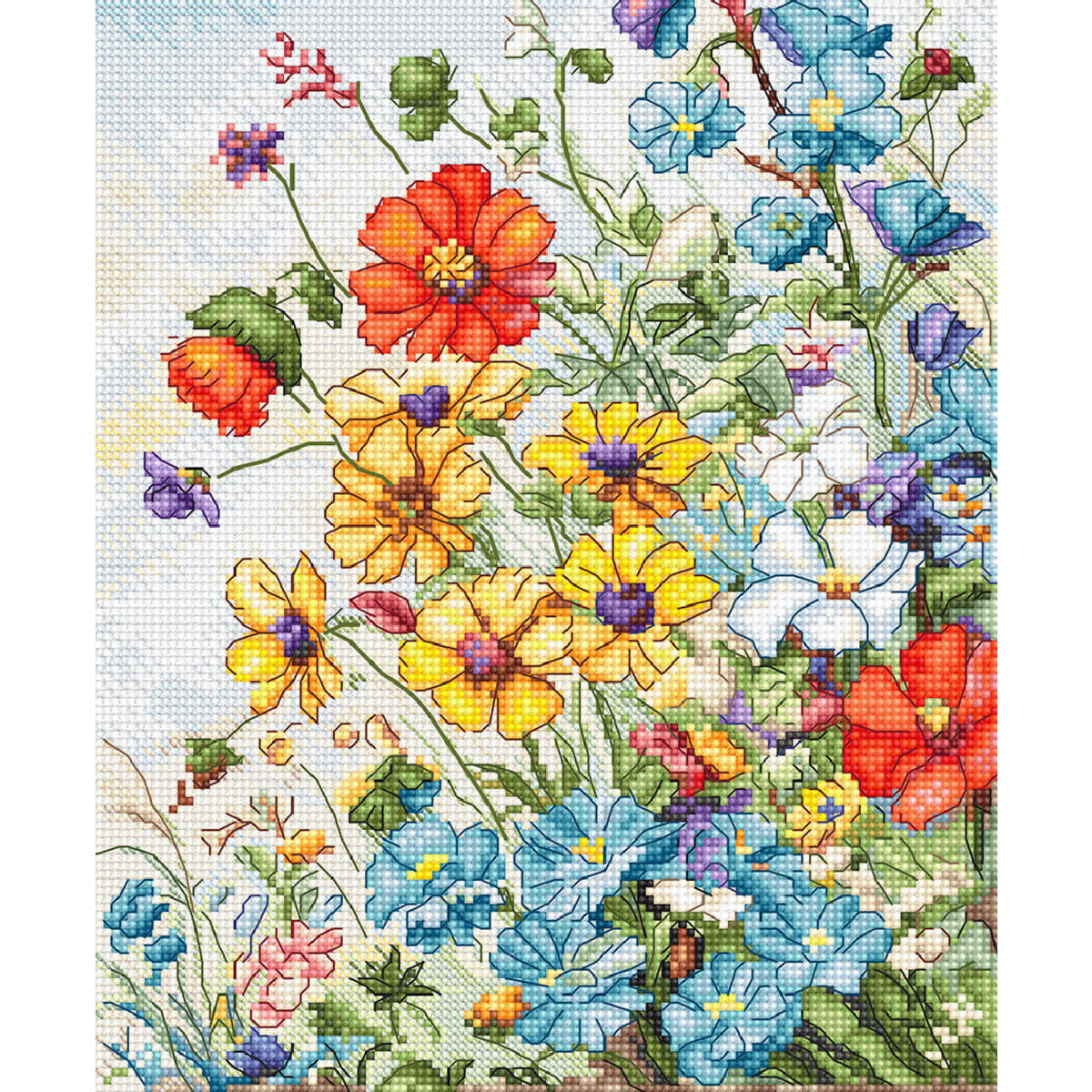 A colorful embroidered tapestry features a lush bouquet...